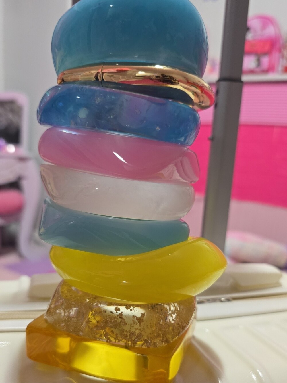 Colorful Stackable Resin Bangles - Blue, Pink, Yellow, Gold Accents